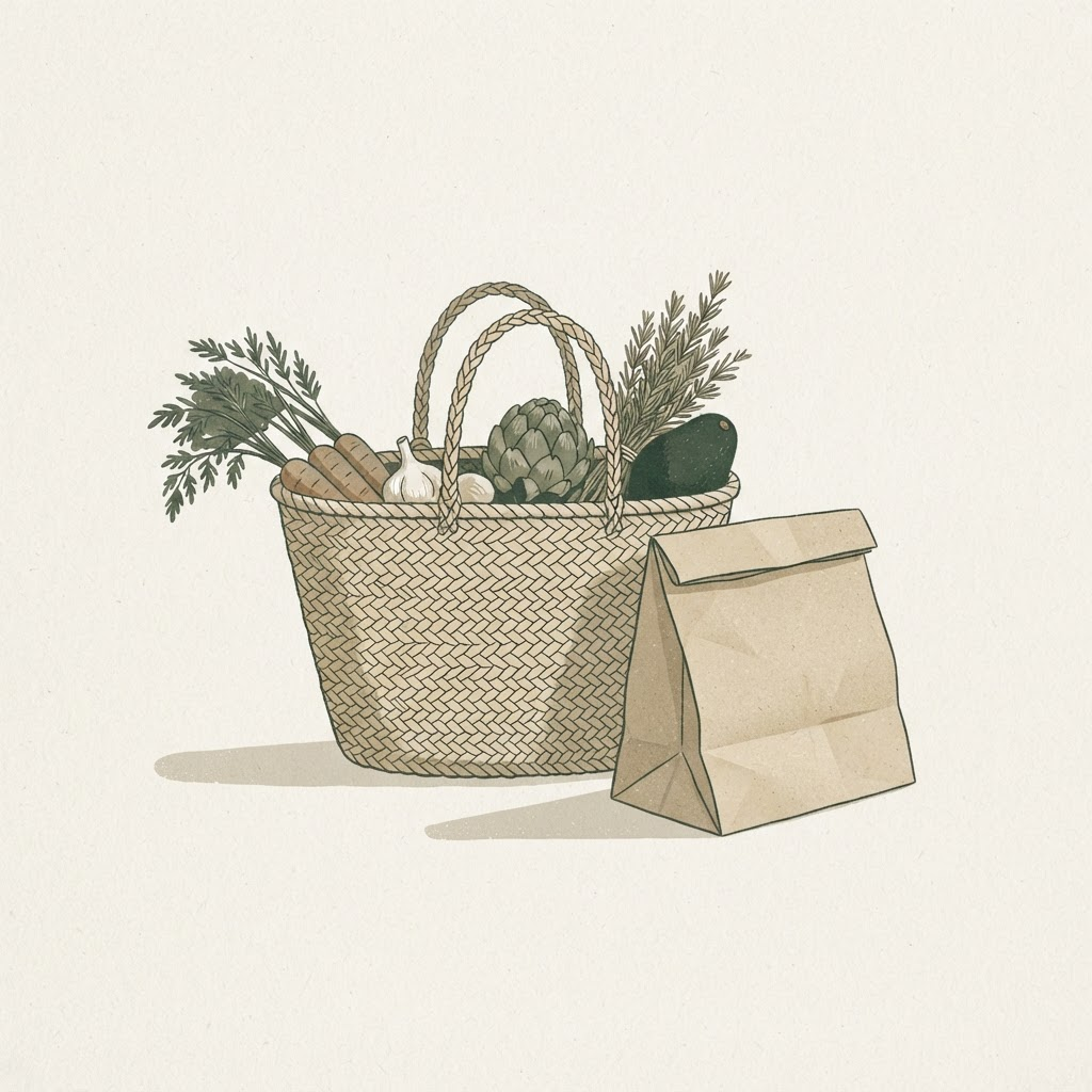 Un panier de marché en osier posé à côté d’un sac de courses en papier kraft.